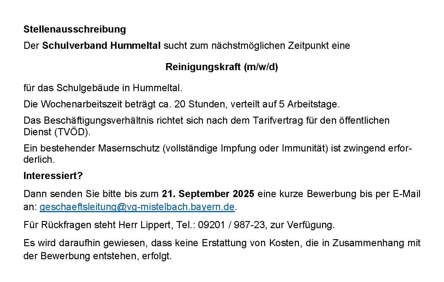 Stellenausschreibung Reinigungskraft Schulgebäude Hummeltal